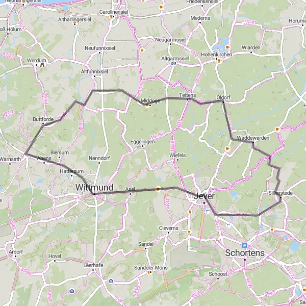 Karten-Miniaturansicht der Radinspiration "Küstenkreise und Grünlandtour" in Weser-Ems, Germany. Erstellt vom Tarmacs.app-Routenplaner für Radtouren