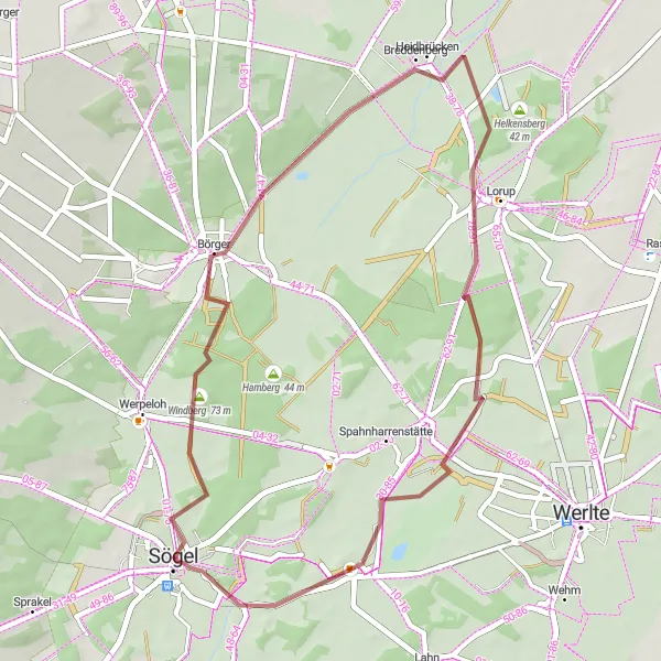 Map miniature of "Sögel Gravel Adventure" cycling inspiration in Weser-Ems, Germany. Generated by Tarmacs.app cycling route planner