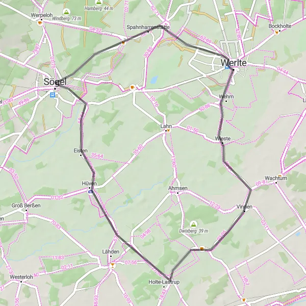 Map miniature of "Sögel Loop Road Cycling Route" cycling inspiration in Weser-Ems, Germany. Generated by Tarmacs.app cycling route planner