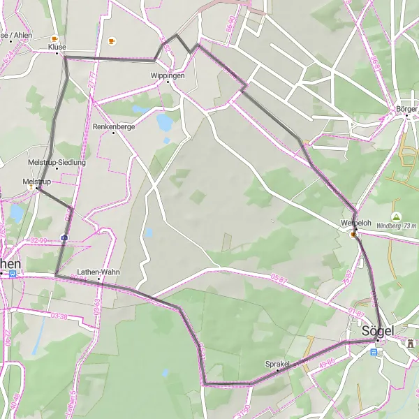 Karten-Miniaturansicht der Radinspiration "Kurze Radroute um Sögel" in Weser-Ems, Germany. Erstellt vom Tarmacs.app-Routenplaner für Radtouren