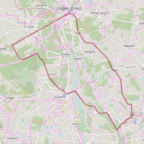 Map miniature of "Lohne and Wellberg Gravel Adventure" cycling inspiration in Weser-Ems, Germany. Generated by Tarmacs.app cycling route planner