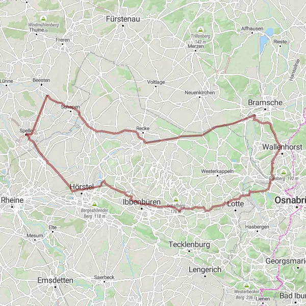 Karten-Miniaturansicht der Radinspiration "Graveltour um Spelle" in Weser-Ems, Germany. Erstellt vom Tarmacs.app-Routenplaner für Radtouren