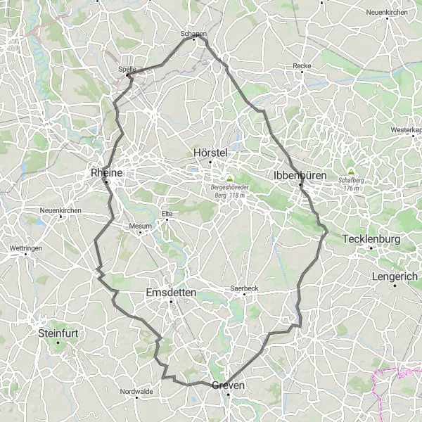 Karten-Miniaturansicht der Radinspiration "100 km Rundfahrt von Hopsten nach Spelle" in Weser-Ems, Germany. Erstellt vom Tarmacs.app-Routenplaner für Radtouren