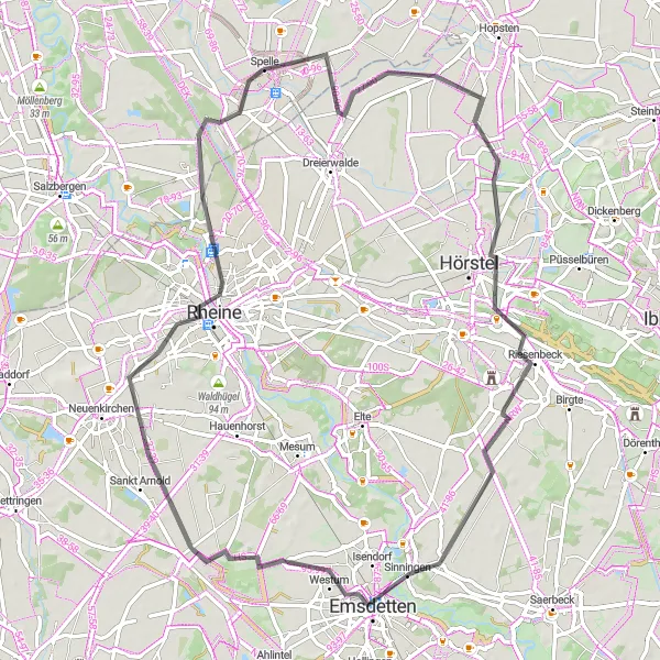 Karten-Miniaturansicht der Radinspiration "Rundtour um Spelle über Emsdetten und Rheine" in Weser-Ems, Germany. Erstellt vom Tarmacs.app-Routenplaner für Radtouren