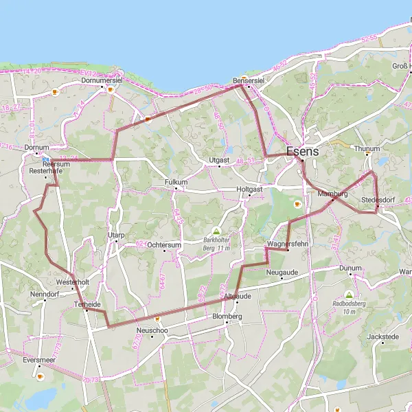 Map miniature of "Neuschoo and Westeraccum Gravel Adventure" cycling inspiration in Weser-Ems, Germany. Generated by Tarmacs.app cycling route planner