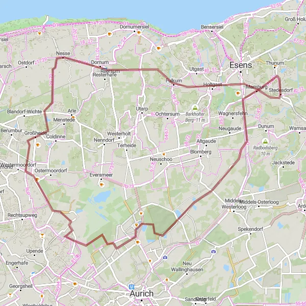Map miniature of "Münkeboe to Holtgast Gravel Adventure" cycling inspiration in Weser-Ems, Germany. Generated by Tarmacs.app cycling route planner