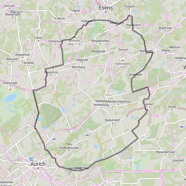 Map miniature of "Burhafe-Ardorf-Sandhorst-Neuschoo-Barkholter Berg Route" cycling inspiration in Weser-Ems, Germany. Generated by Tarmacs.app cycling route planner