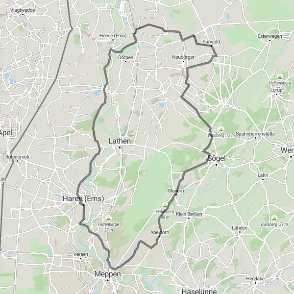 Map miniature of "Surwold Hill Challenge" cycling inspiration in Weser-Ems, Germany. Generated by Tarmacs.app cycling route planner