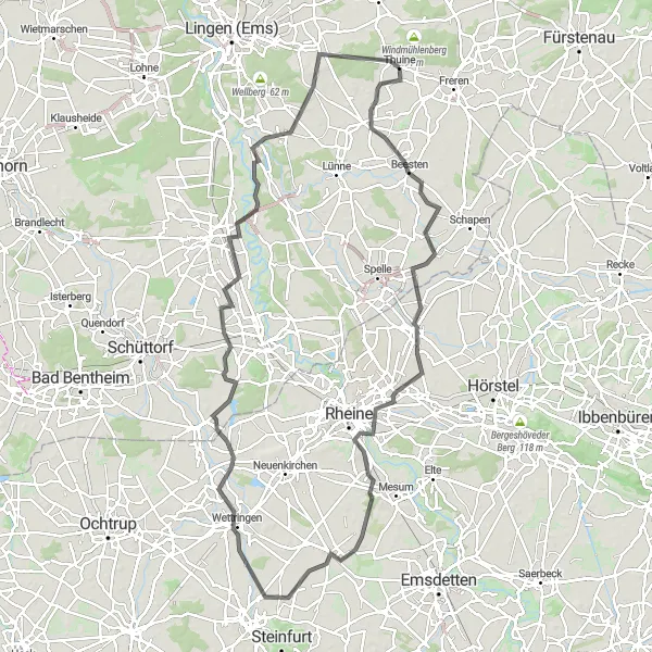 Map miniature of "Thuine to Bramsche Cycling Route" cycling inspiration in Weser-Ems, Germany. Generated by Tarmacs.app cycling route planner