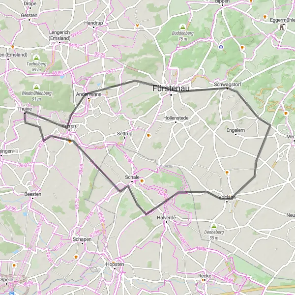 Map miniature of "Freren to Schale" cycling inspiration in Weser-Ems, Germany. Generated by Tarmacs.app cycling route planner