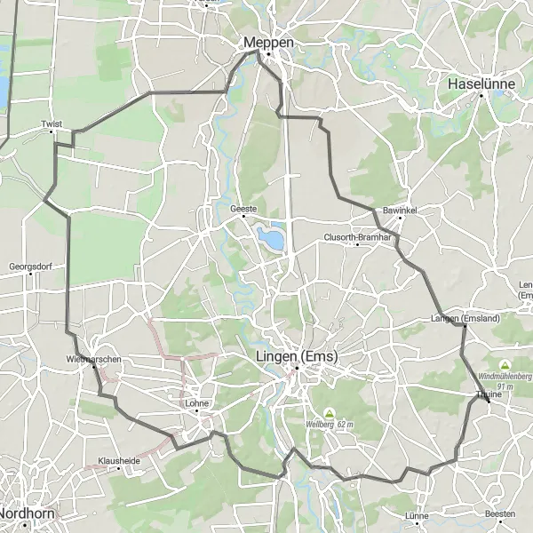 Map miniature of "Messingen to Thuine" cycling inspiration in Weser-Ems, Germany. Generated by Tarmacs.app cycling route planner