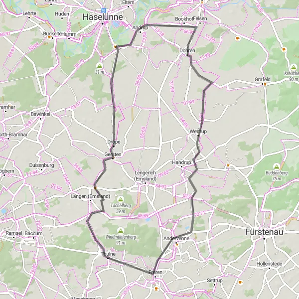 Map miniature of "Thuine and Beyond" cycling inspiration in Weser-Ems, Germany. Generated by Tarmacs.app cycling route planner