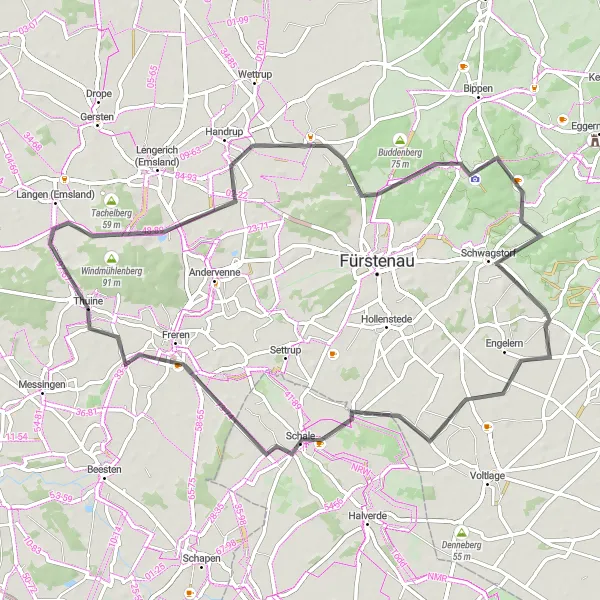 Map miniature of "Emsland Adventure" cycling inspiration in Weser-Ems, Germany. Generated by Tarmacs.app cycling route planner