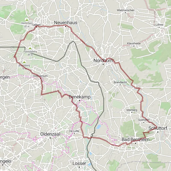 Map miniature of "Uelsen to Rönneberg Gravel Cycling Route" cycling inspiration in Weser-Ems, Germany. Generated by Tarmacs.app cycling route planner