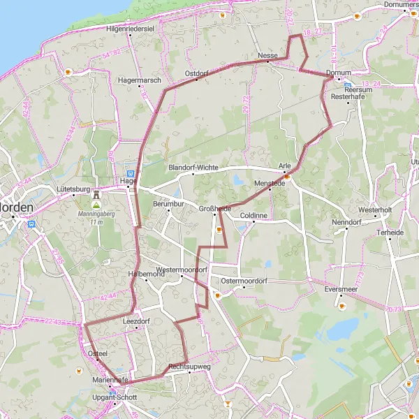 Map miniature of "Dornum and Großheide Gravel Loop" cycling inspiration in Weser-Ems, Germany. Generated by Tarmacs.app cycling route planner