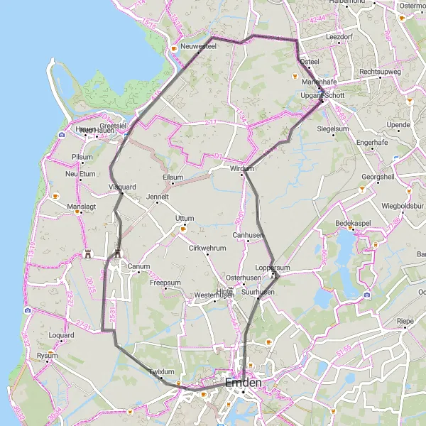 Map miniature of "Suurhusen and Leybuchtpolder Road Loop" cycling inspiration in Weser-Ems, Germany. Generated by Tarmacs.app cycling route planner