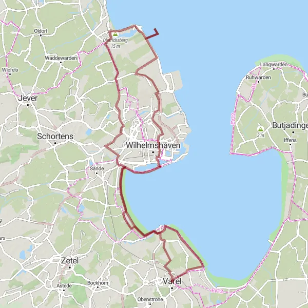 Karten-Miniaturansicht der Radinspiration "Gravelabenteuer zwischen Dangast und Hooksiel" in Weser-Ems, Germany. Erstellt vom Tarmacs.app-Routenplaner für Radtouren