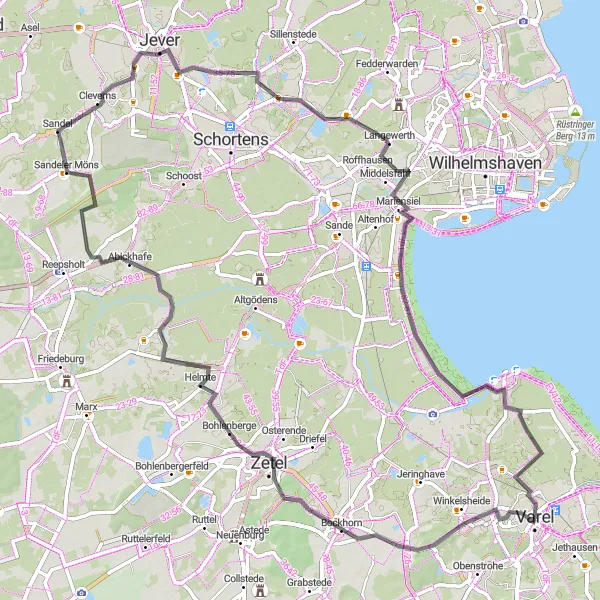 Karten-Miniaturansicht der Radinspiration "Straßenrundkurs um Varel" in Weser-Ems, Germany. Erstellt vom Tarmacs.app-Routenplaner für Radtouren