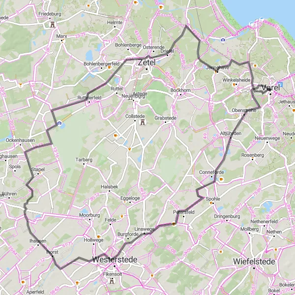 Karten-Miniaturansicht der Radinspiration "Straßentour um Varel" in Weser-Ems, Germany. Erstellt vom Tarmacs.app-Routenplaner für Radtouren