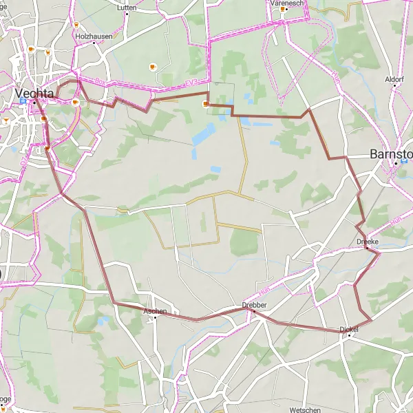 Map miniature of "Off-the-Beaten-Path Gravel Adventure" cycling inspiration in Weser-Ems, Germany. Generated by Tarmacs.app cycling route planner