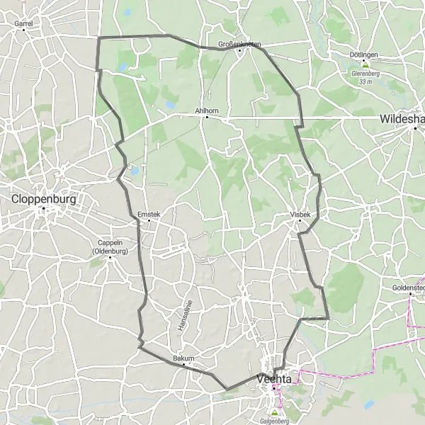 Karten-Miniaturansicht der Radinspiration "Bakum-Höltinghausen-Großenkneten-Visbek-Lutten-Vechta-Nord" in Weser-Ems, Germany. Erstellt vom Tarmacs.app-Routenplaner für Radtouren