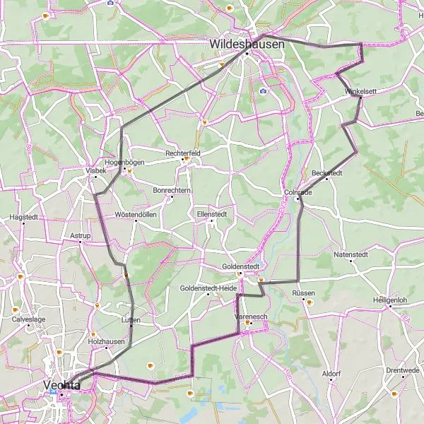 Karten-Miniaturansicht der Radinspiration "Naturerlebnis in Goldenstedt und Füchtel" in Weser-Ems, Germany. Erstellt vom Tarmacs.app-Routenplaner für Radtouren