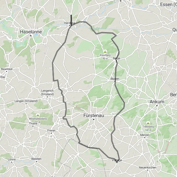 Map miniature of "Road Cycling Route from Voltlage" cycling inspiration in Weser-Ems, Germany. Generated by Tarmacs.app cycling route planner