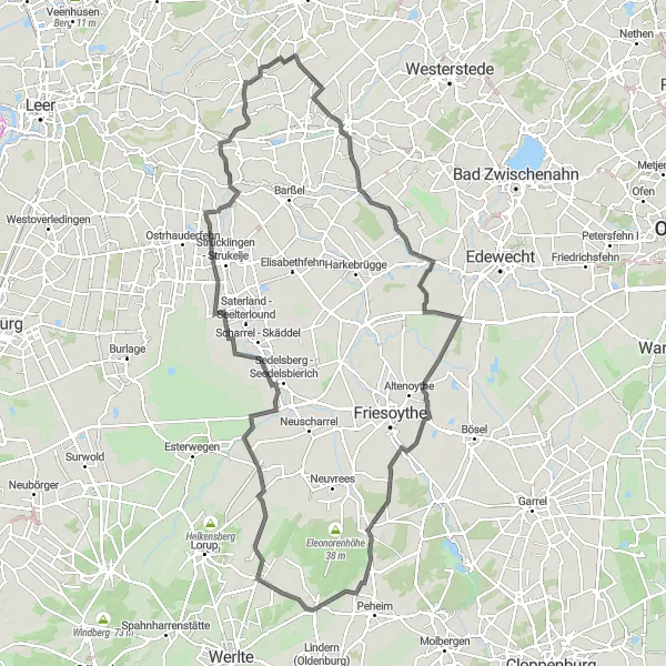 Map miniature of "Road Cycling through the Countryside" cycling inspiration in Weser-Ems, Germany. Generated by Tarmacs.app cycling route planner