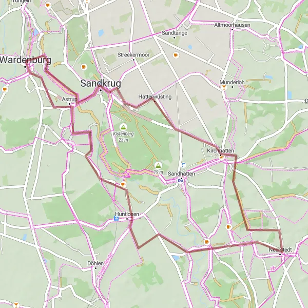 Map miniature of "Gravel Adventure: Wardenburg - Sandkrug Loop" cycling inspiration in Weser-Ems, Germany. Generated by Tarmacs.app cycling route planner