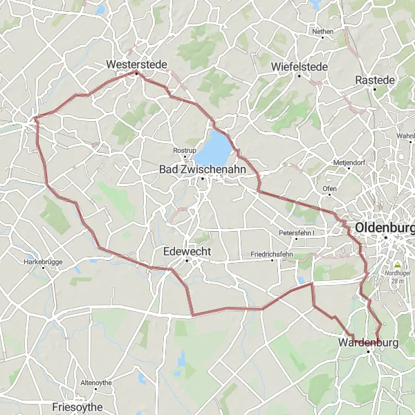 Map miniature of "Discover Weser-Ems Gravel Route with Mosleshöhe and Zwischenahner Meer" cycling inspiration in Weser-Ems, Germany. Generated by Tarmacs.app cycling route planner