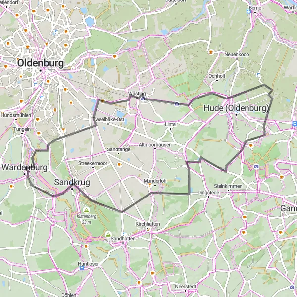 Map miniature of "Wardenburg - Wüsting Loop" cycling inspiration in Weser-Ems, Germany. Generated by Tarmacs.app cycling route planner