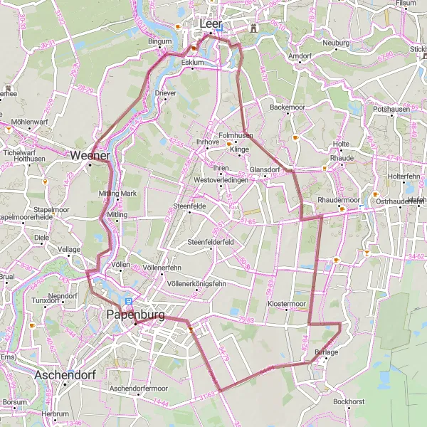 Map miniature of "Gravel Adventure in Weser-Ems" cycling inspiration in Weser-Ems, Germany. Generated by Tarmacs.app cycling route planner