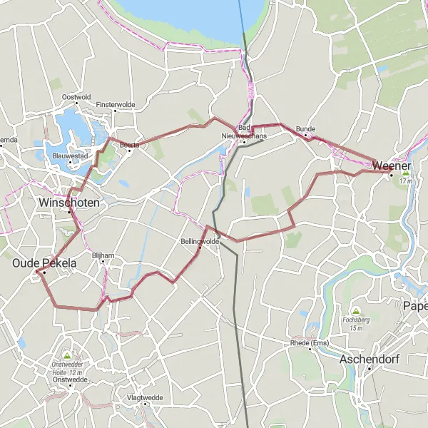 Map miniature of "Gravel Adventure through Weser-Ems" cycling inspiration in Weser-Ems, Germany. Generated by Tarmacs.app cycling route planner