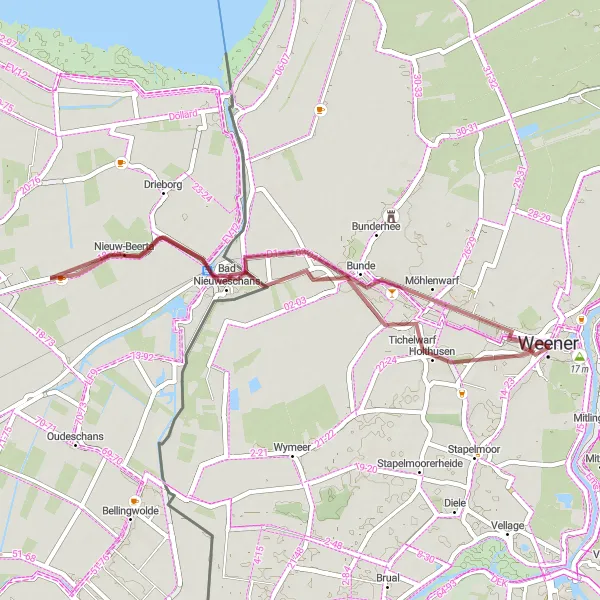 Map miniature of "Discovering Bunde on Gravel" cycling inspiration in Weser-Ems, Germany. Generated by Tarmacs.app cycling route planner