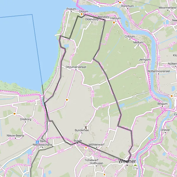 Map miniature of "Bunde Loop" cycling inspiration in Weser-Ems, Germany. Generated by Tarmacs.app cycling route planner
