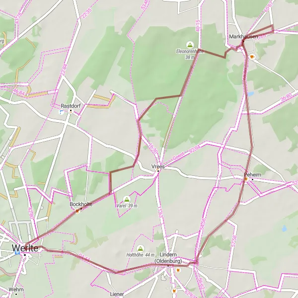 Karten-Miniaturansicht der Radinspiration "Eleonorenhöhe - Markhausen - Ringelberg - Holthöhe - Werlte" in Weser-Ems, Germany. Erstellt vom Tarmacs.app-Routenplaner für Radtouren