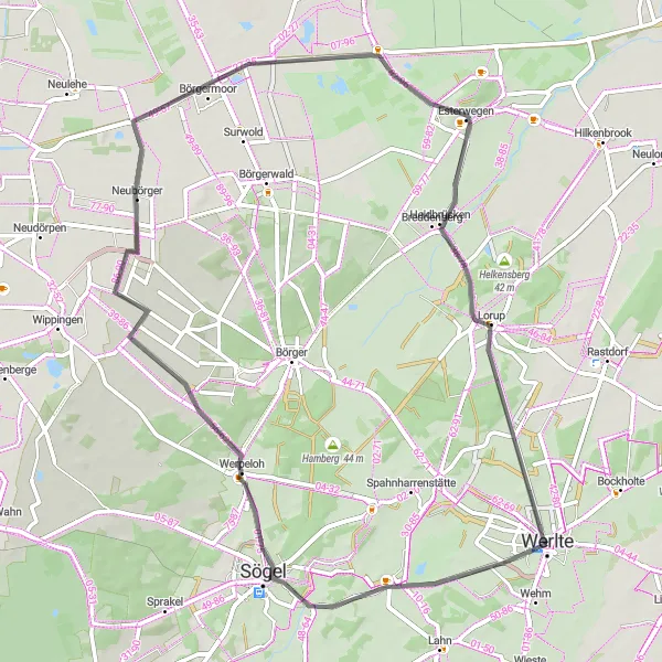 Map miniature of "Werlte and Esterwegen Loop" cycling inspiration in Weser-Ems, Germany. Generated by Tarmacs.app cycling route planner