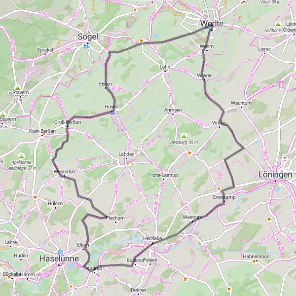 Map miniature of "Heart of Weser-Ems Loop" cycling inspiration in Weser-Ems, Germany. Generated by Tarmacs.app cycling route planner