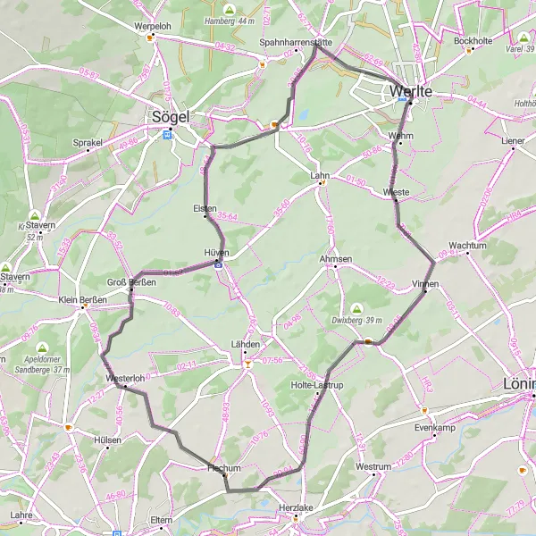 Map miniature of "The Lindhorn Loop" cycling inspiration in Weser-Ems, Germany. Generated by Tarmacs.app cycling route planner