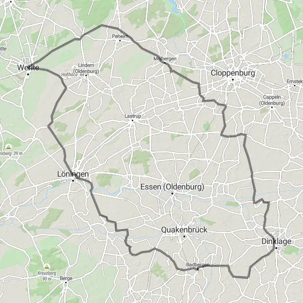 Map miniature of "Lakes and Löningen Loop" cycling inspiration in Weser-Ems, Germany. Generated by Tarmacs.app cycling route planner