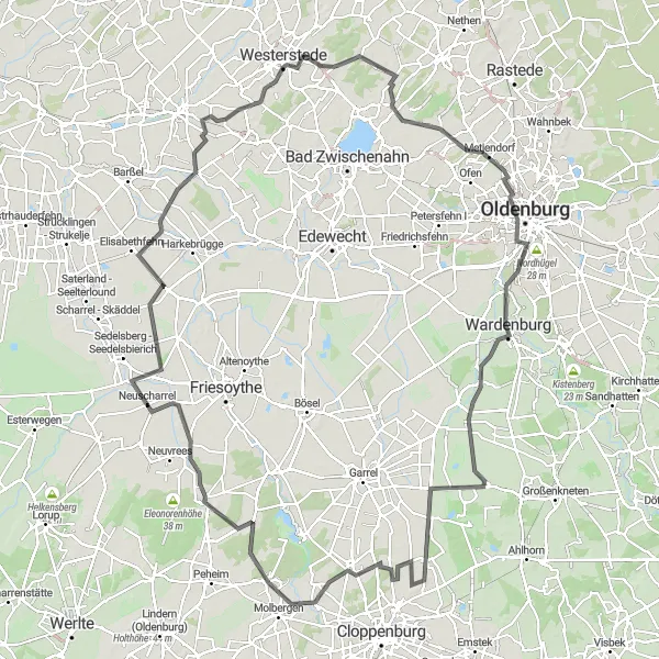 Karten-Miniaturansicht der Radinspiration "Rund um Westerstede und Landschaftsfenster Rhododendron" in Weser-Ems, Germany. Erstellt vom Tarmacs.app-Routenplaner für Radtouren