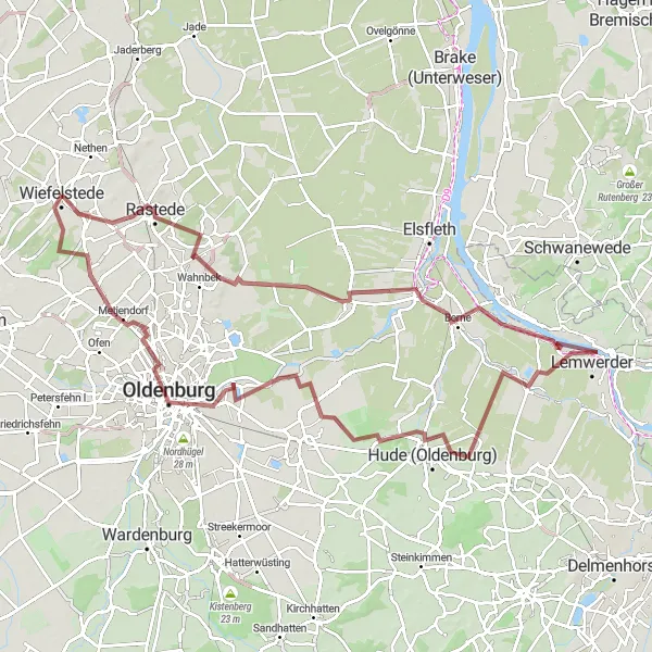 Karten-Miniaturansicht der Radinspiration "Gravel-Radtour um Wiefelstede" in Weser-Ems, Germany. Erstellt vom Tarmacs.app-Routenplaner für Radtouren