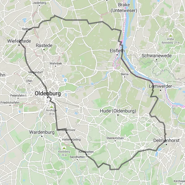 Karten-Miniaturansicht der Radinspiration "Rund um Wiefelstede: Die Ostfriesland-Tour" in Weser-Ems, Germany. Erstellt vom Tarmacs.app-Routenplaner für Radtouren