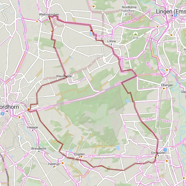 Map miniature of "Emsbüren Gravel Adventure" cycling inspiration in Weser-Ems, Germany. Generated by Tarmacs.app cycling route planner