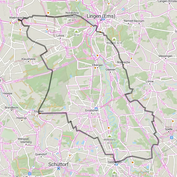 Karten-Miniaturansicht der Radinspiration "Abenteuerliche Rundtour zu den Poskenbergen" in Weser-Ems, Germany. Erstellt vom Tarmacs.app-Routenplaner für Radtouren