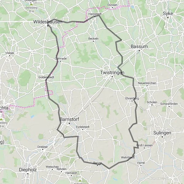 Map miniature of "The Harpstedt Road" cycling inspiration in Weser-Ems, Germany. Generated by Tarmacs.app cycling route planner