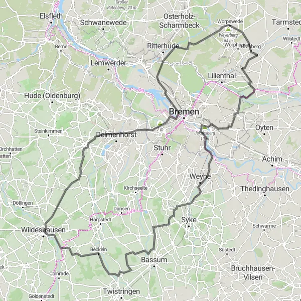 Karten-Miniaturansicht der Radinspiration "Kulturtour von Wildeshausen nach Worpswede" in Weser-Ems, Germany. Erstellt vom Tarmacs.app-Routenplaner für Radtouren