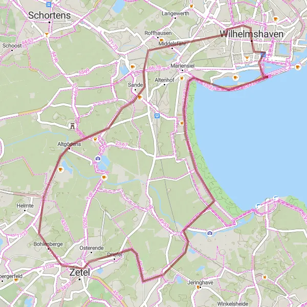 Map miniature of "Wilhelmshaven Gravel Loop" cycling inspiration in Weser-Ems, Germany. Generated by Tarmacs.app cycling route planner