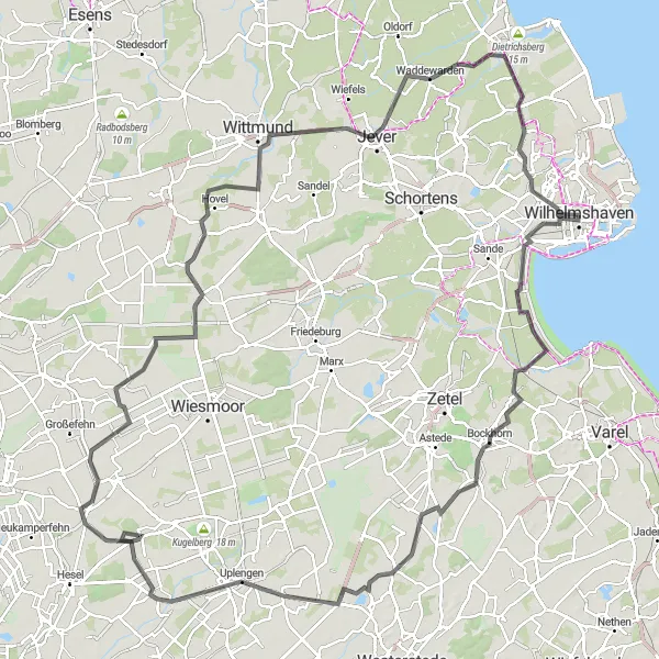 Map miniature of "Wilhelmshaven to Jever Loop" cycling inspiration in Weser-Ems, Germany. Generated by Tarmacs.app cycling route planner