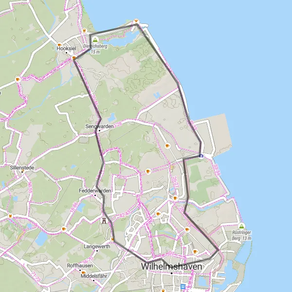 Map miniature of "Wilhelmshaven to Hooksiel Coastal Ride" cycling inspiration in Weser-Ems, Germany. Generated by Tarmacs.app cycling route planner